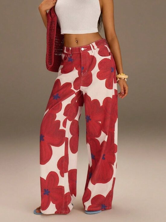 Denim - Multicolor Casual Women's Floral Print Low Waist Wide Leg Denim Jeans